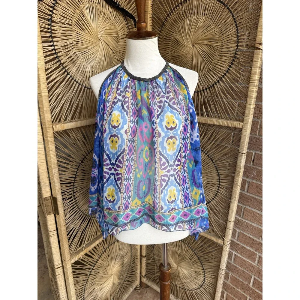Zara Printed Swing Halter Tribal Print Blue Women’s Beaded Trim Sz S Roomy - Picture 2 of 8